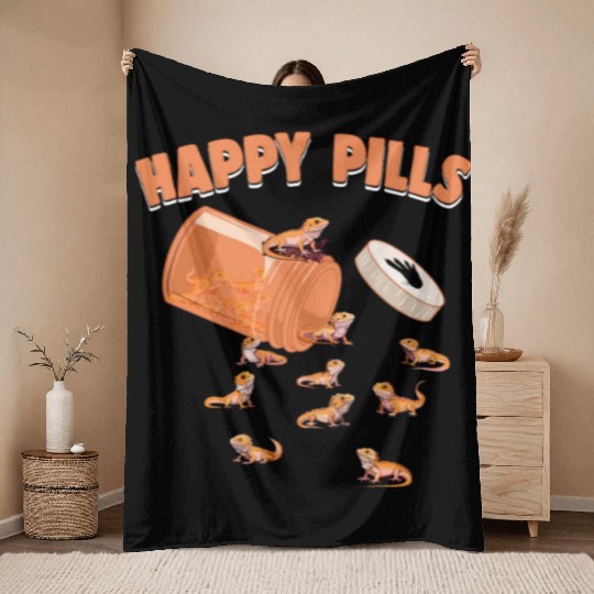 Happy Pills Bearded Dragon Funny Lizard Lovers Throw Blankets