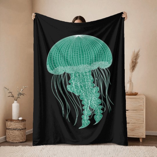 Sea life, Green Jellyfish Throw Blankets