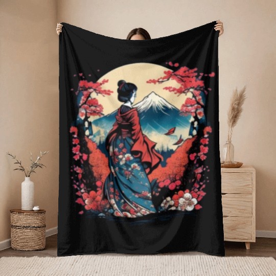 Mount Fuji Fujisan Fujiyama Floral Geisha Throw Blankets