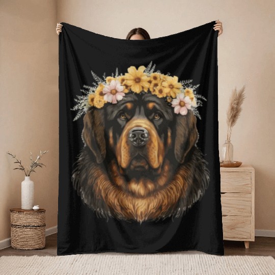 Tibetan Mastiff Flower Crown Floral Farm Animal Pe Throw Blankets
