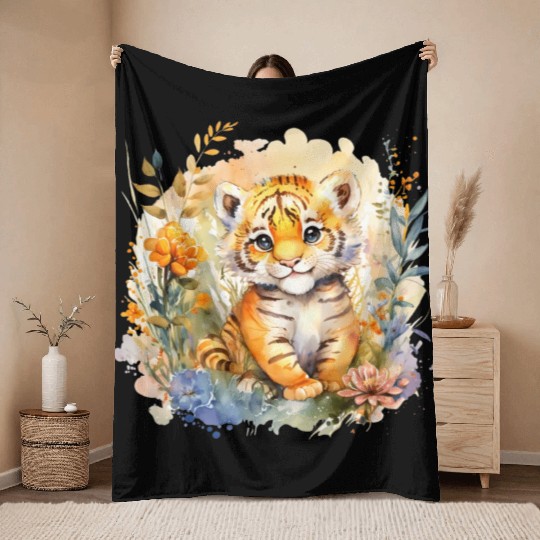 Baby Tiger Safari Animal Watercolor Floral Throw Blankets