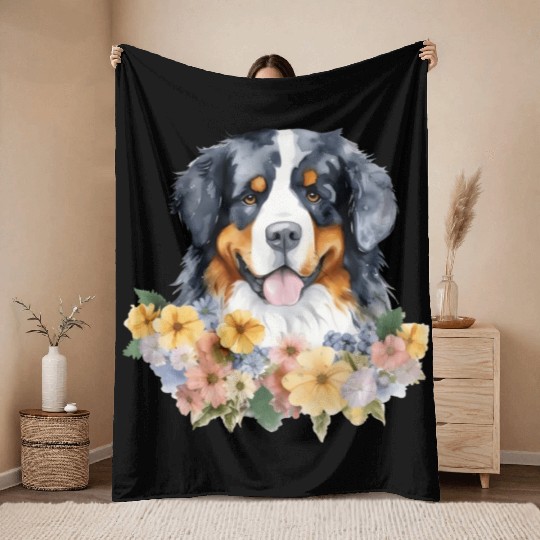 Bernese Mountain Dog Watercolor Floral Throw Blankets