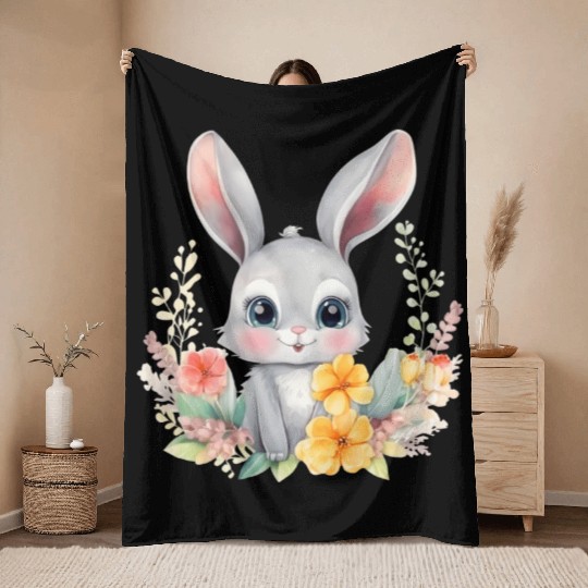 Grey Bunny Rabbit Watercolor Floral Throw Blankets