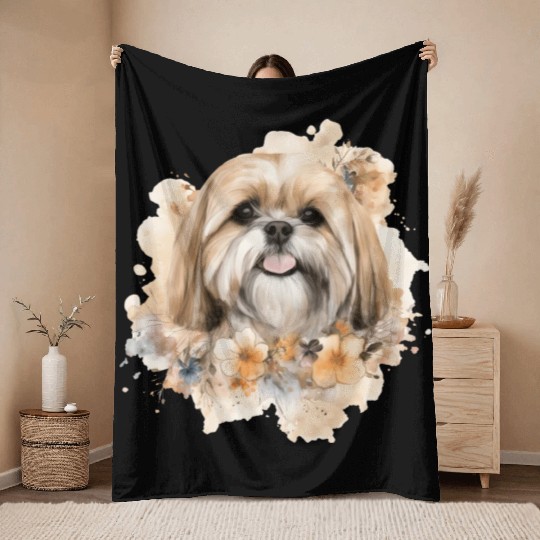 Lhasa Apso Dog Watercolor Floral Throw Blankets