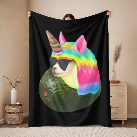 Happy unicorn avocado Throw Blankets