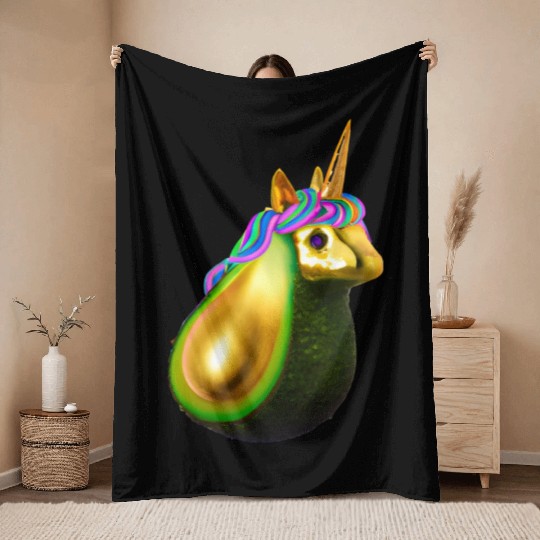 Happy unicorn avocado Throw Blankets