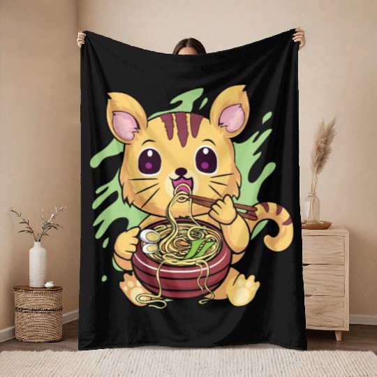 Kawaii Cat Eating Ramen Throw Blankets