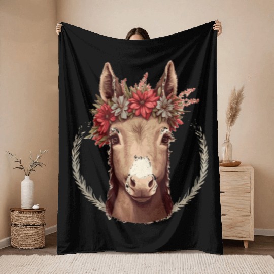 Cute Donkey Flower Crown Floral Farm Animal Pet Throw Blankets