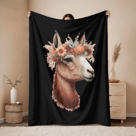 Flower Crown Llama Alpaca Floral Farm Animal Pet Throw Blankets
