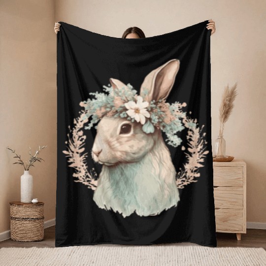 Flower Crown Bunny Rabbit Floral Farm Animal Pet Throw Blankets