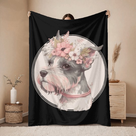 Cute Miniature Mini Schnauzer Flower Crown Pet Dog Throw Blankets