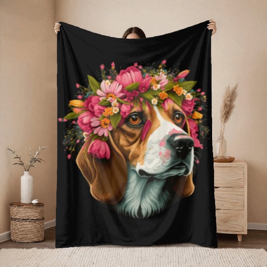 Cute Beagle Flower Crown Pet Dog Breed Puppy Throw Blankets