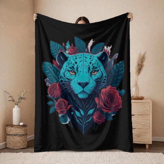 cute jaguar with red flowers Throw Blankets