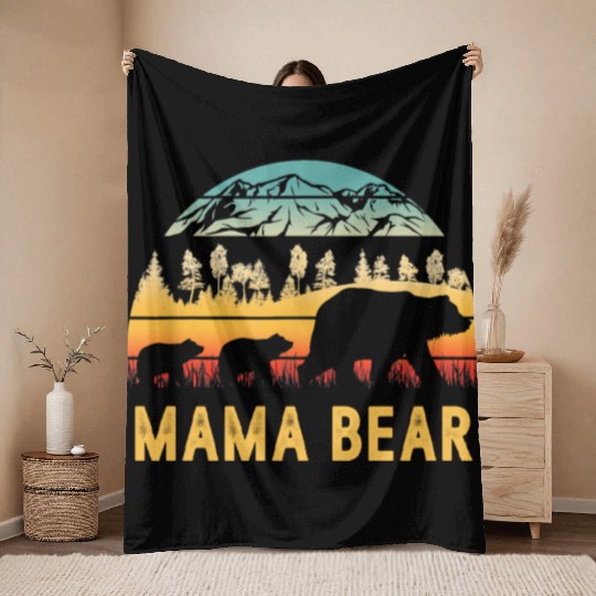 Mama Bear with 2 Cubs Retro Mountains Mother's day Throw Blankets