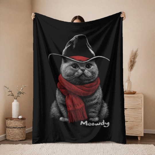 Cute Chonk Cat Meowdy Cat w/ Cowboy Hat from Texas Throw Blankets
