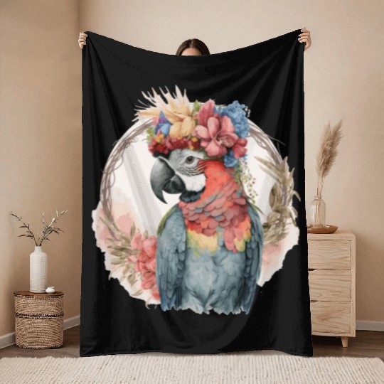Colorful Parrot Watercolor Macaw Bird Flower Crown Throw Blankets
