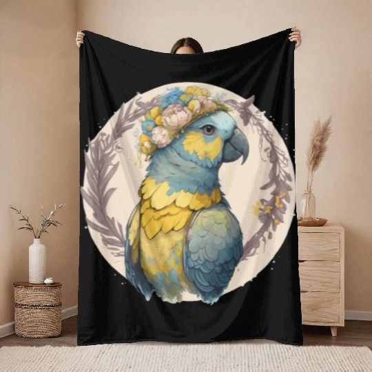 Yellow Blue Ara Macaw Flower Crown Parrot Parakeet Throw Blankets