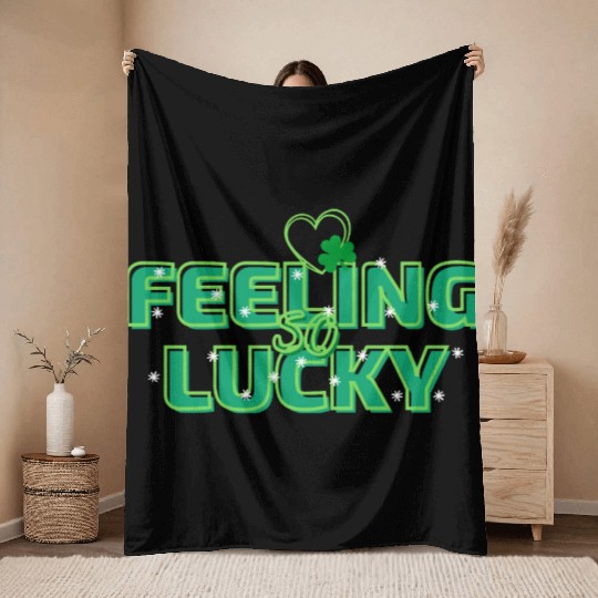 Feeling Lucky Green Bright Bold Typography Throw Blankets