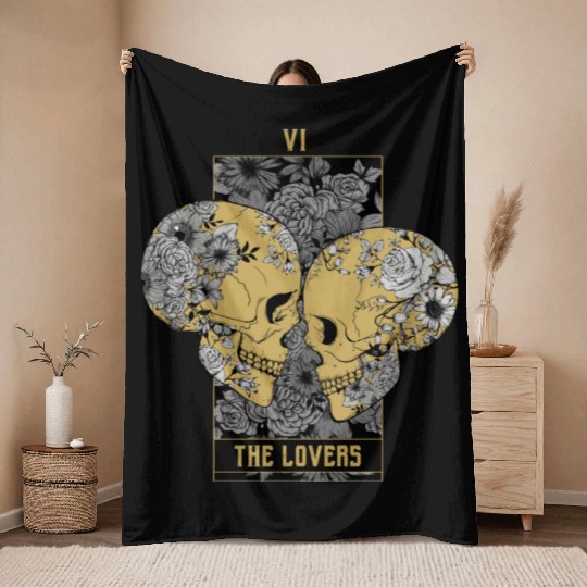Gold Tarot Lovers Skull Card Throw Blankets