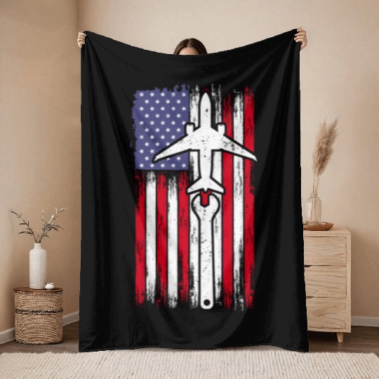 Aircraft Mechanic Aviation Usa Flag Throw Blankets