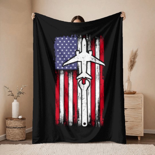 Aircraft Mechanic Aviation Usa Flag Throw Blankets