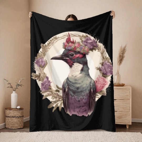 Watercolor Woodpecker Bird Flower Crown Pet Birds Throw Blankets