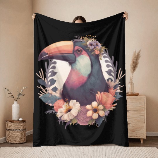 Cute Toucan Tropical Bird Flower Crown Jungle Bird Throw Blankets