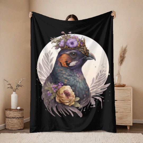 Cute Watercolor Pheasant Bird Flower Crown Pet Bir Throw Blankets