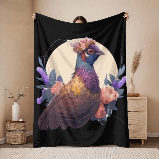 Cute Watercolor Pheasant Bird Flower Crown Pet Bir Throw Blankets