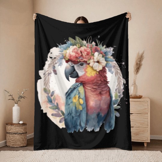 Watercolor Parrot Macaw Bird Flower Crown Pet Bird Throw Blankets