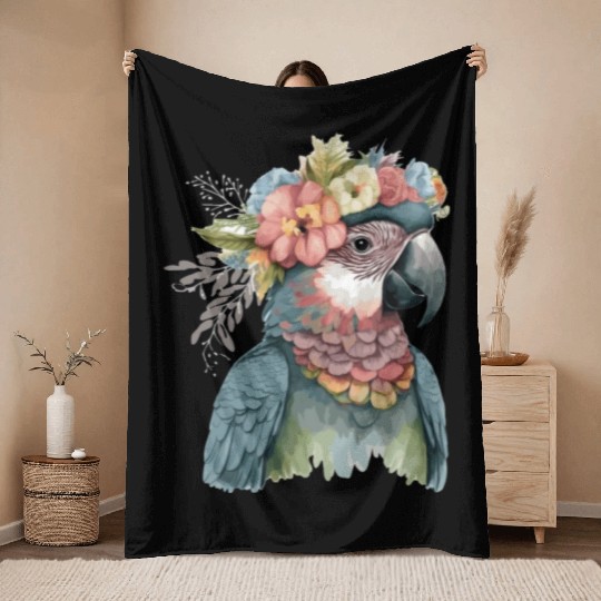 Cute Parrot Macaw Bird Flower Crown Pet Birds Throw Blankets