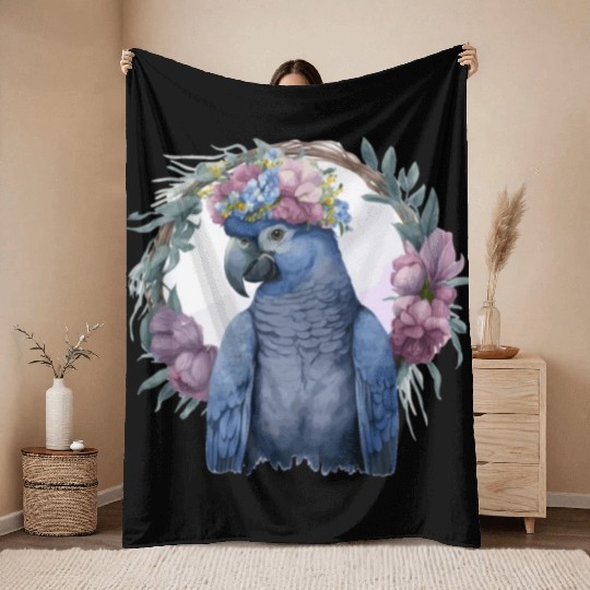Watercolor Hyacinth Macaw Parrot Bird Flower Crown Throw Blankets