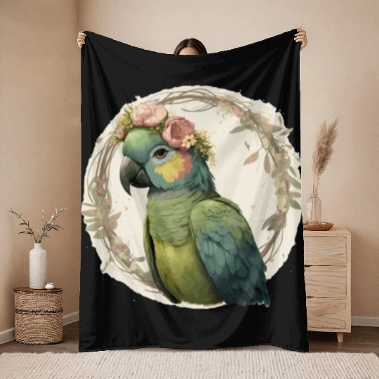 Watercolor Parrot Hahn's Macaw Bird Flower Crown P Throw Blankets