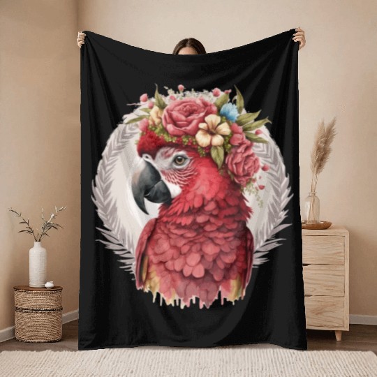 Scarlet Macaw Parrot Watercolor Bird Flower Crown Throw Blankets