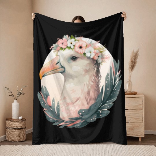 Cute Albatross Bird Flower Crown Floral Tropical B Throw Blankets