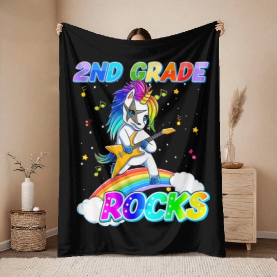 2nd Grade Rocks Unicorn Rainbow Back Throw Blankets
