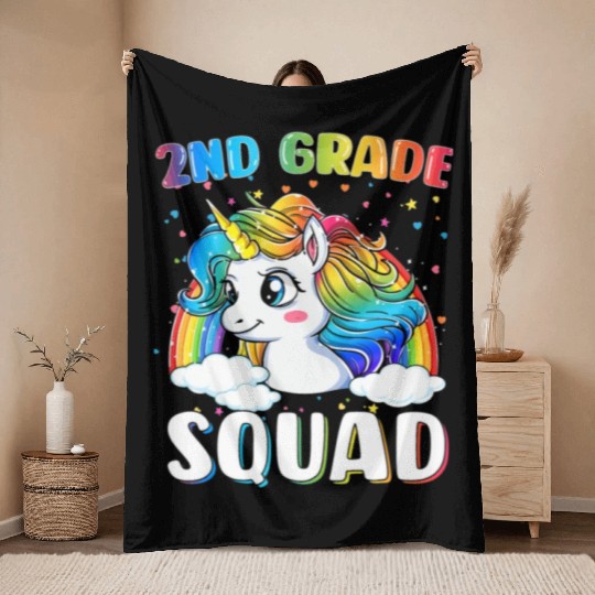2nd Grade Squad Unicorn Rainbow Back Throw Blankets