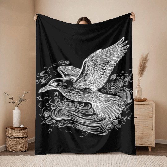 Elegant Flying Seagull Over The Water Throw Blankets