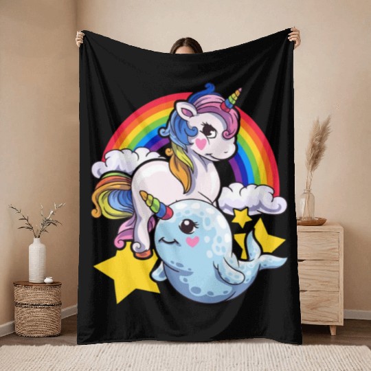 Cute Horned Narwhal And Unicorn Animal Friends Throw Blankets