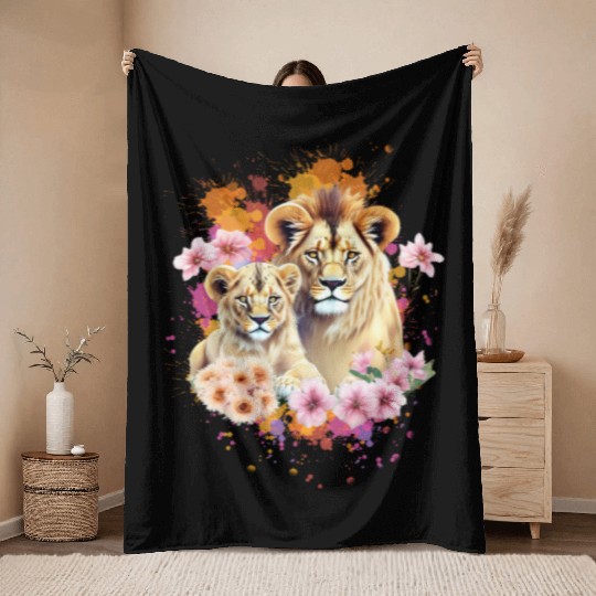 Lion Mom & Son Cubs with Flower Watercolor Throw Blankets