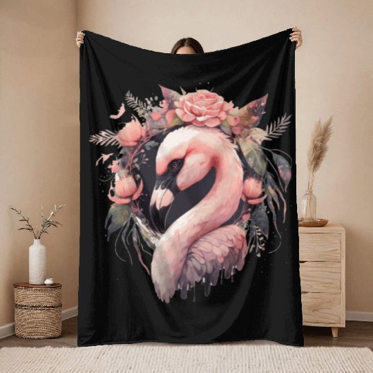Cute Pink Flamingo Tropical Bird Flower Crown Flor Throw Blankets