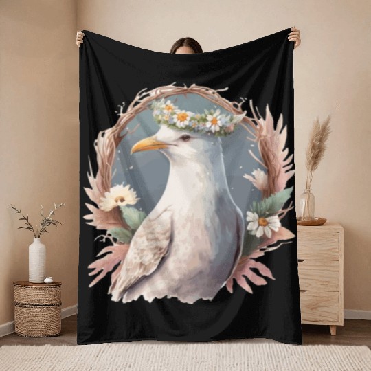 Seagull Bird Flower Crown Floral Seabirds Throw Blankets
