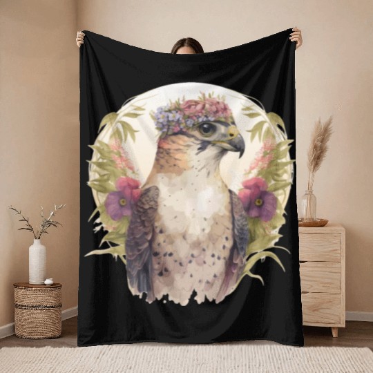 Watercolor Falcon Birds Of Prey Flower Crown Flora Throw Blankets