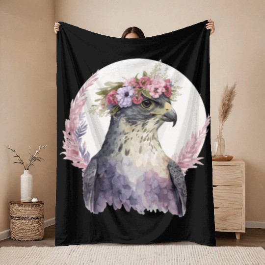 Falcon Birds Of Prey Flower Crown Floral Bird Watc Throw Blankets