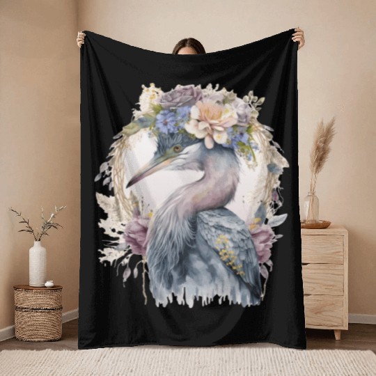 Watercolor Heron Freshwater Bird Watching Flower C Throw Blankets