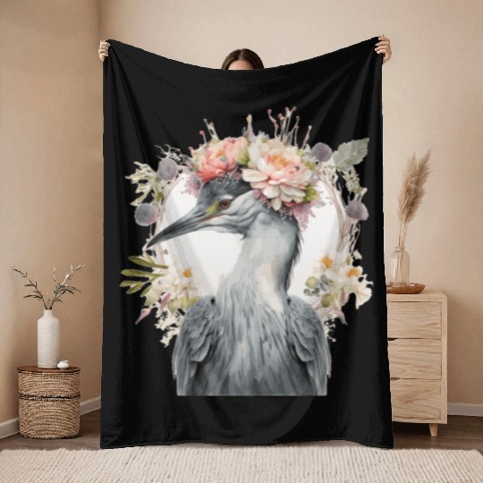 Watercolor Heron Freshwater Bird Flower Crown Flor Throw Blankets