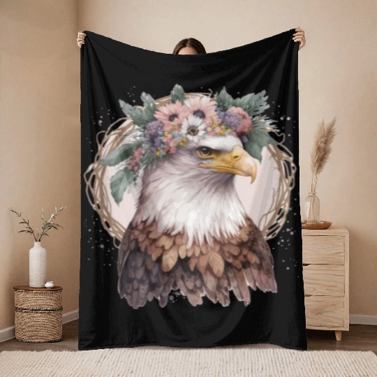 Watercolor Bald Eagle Flower Crown Floral Bird Wat Throw Blankets