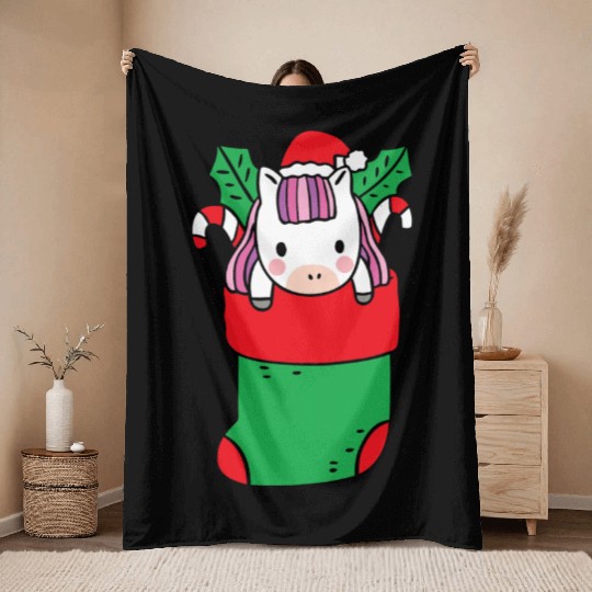 Cute Unicorn inside Christmas Sock with Candy Cane Throw Blankets