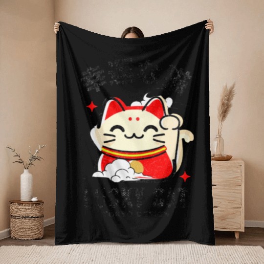 Lucky Cat Tokyo Desing Japanese Writing Throw Blankets