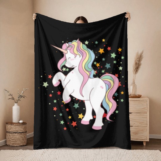 Cute Rearing Rainbow Unicorn Falling Stars Throw Blankets